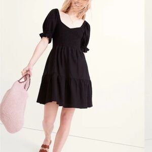 Madewell Linen-Blend Lucie Smocked Mini Dress - Elegant Black Puff Sleeve Dress